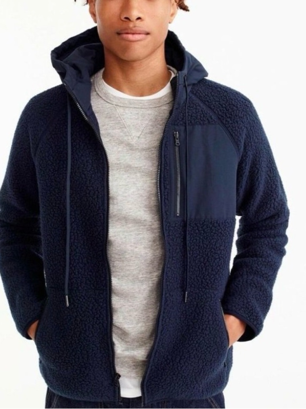J. Crew Sherpa Full Zip Hoodie Jacket Navy Large